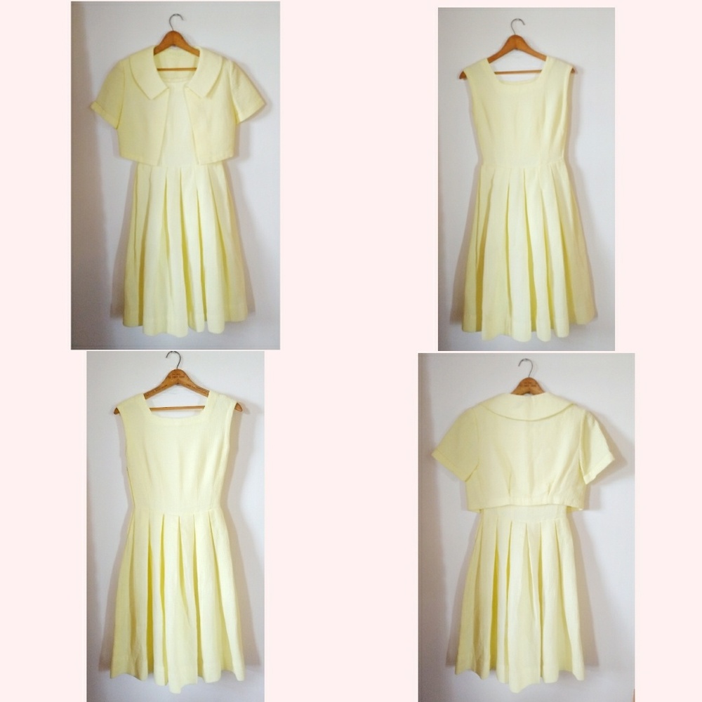 Vintage 1950s Yellow Waffle Dress Jacket Suit XS 2 - Picture 3 of 4